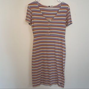 Roxy Short Sleeve button front dress stripped rubbed stretchy Size Medium Purple